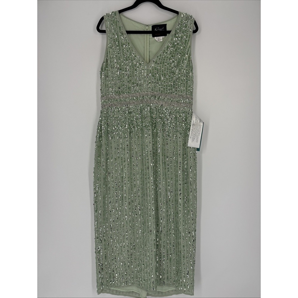 MacDuggal Mint Green Sequin Midi Dress - Size 10 (Flaws)